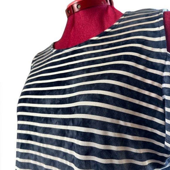 Laura Petite stretch indigo striped top, shoulder cut outs, bound neck line - Picture 2 of 7